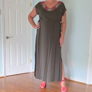 Boden Brown Maxi Dress with Pink and Gold Emroidery US Size 16/18